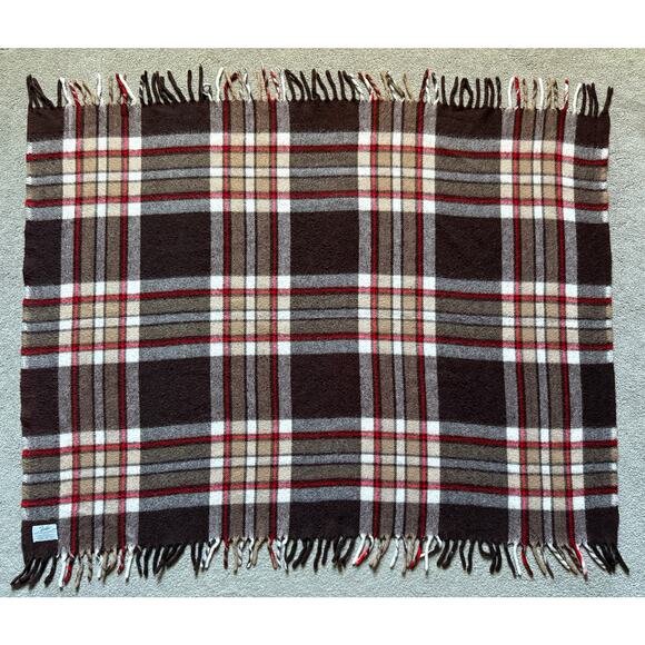 Vintage Faribo plaid stadium blanket - red, brown, white - fringe - 53 x 45 - Picture 2 of 10